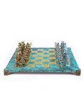 Load image into Gallery viewer, MANOPOULOS Archers Metal Chess set with Bronze - Blue Chessmen - 44cm Chessboard in Antique Turquoise Patina