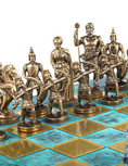 Load image into Gallery viewer, Archers Metal Chess set with Bronze - Blue Chessmen - 44cm Chessboard in Antique Turquoise Patina