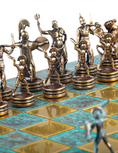 Load image into Gallery viewer, Greek Mythology Metal Chess set with Bronze - Blue Chessmen - 36cm Chessboard in Antique Turquoise P