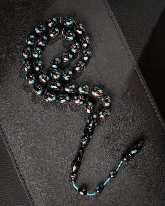 Black coral (Murjan) Subha inlaid with silver, elegant and luxurious design.