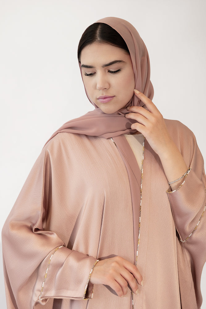 Briolette Beaded Salmon Silk Crepe abaya -58