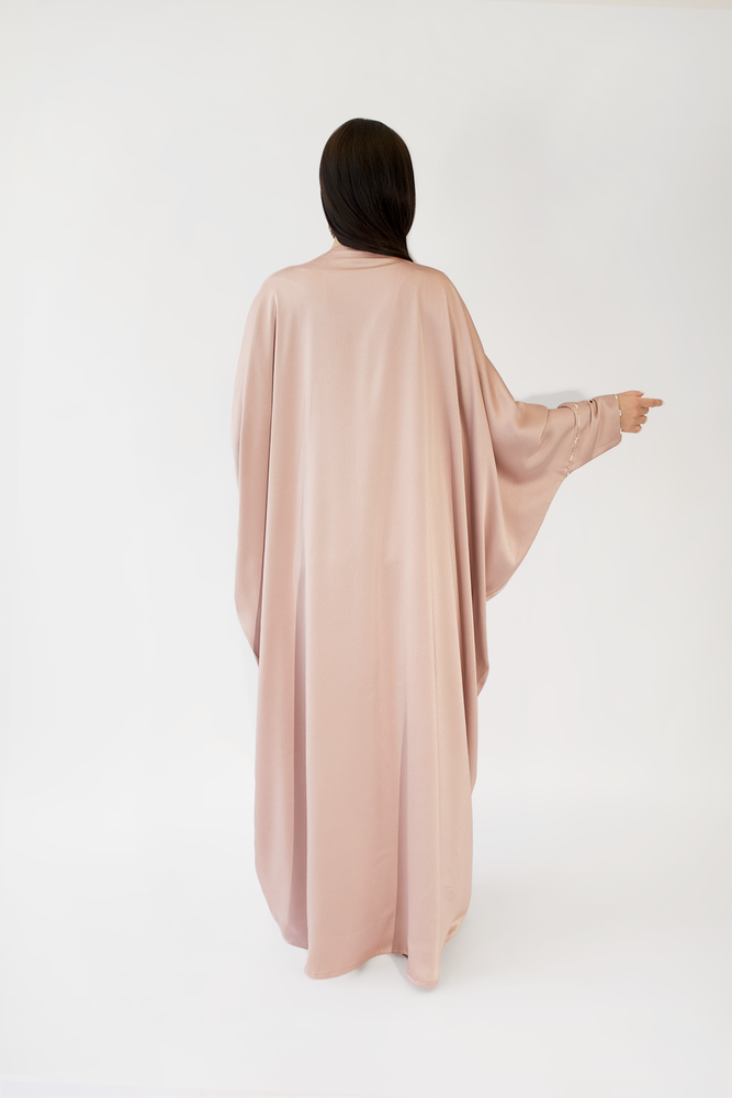 Briolette Beaded Salmon Silk Crepe abaya -58