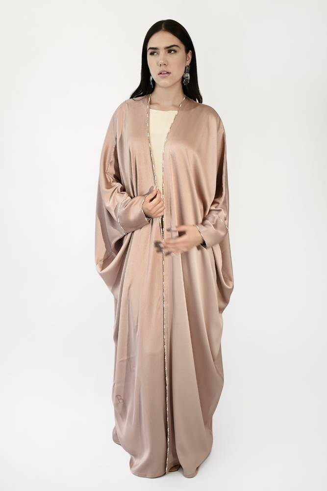 Briolette Beaded Salmon Silk Crepe abaya -58