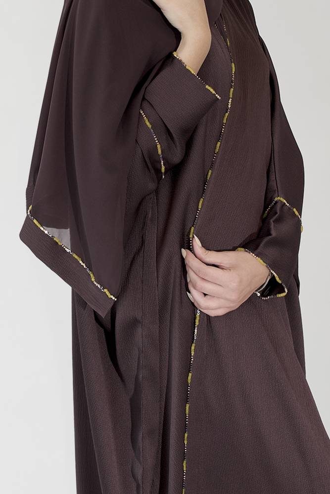 Briolette abaya Beaded Burgundy Silk Crepe-58