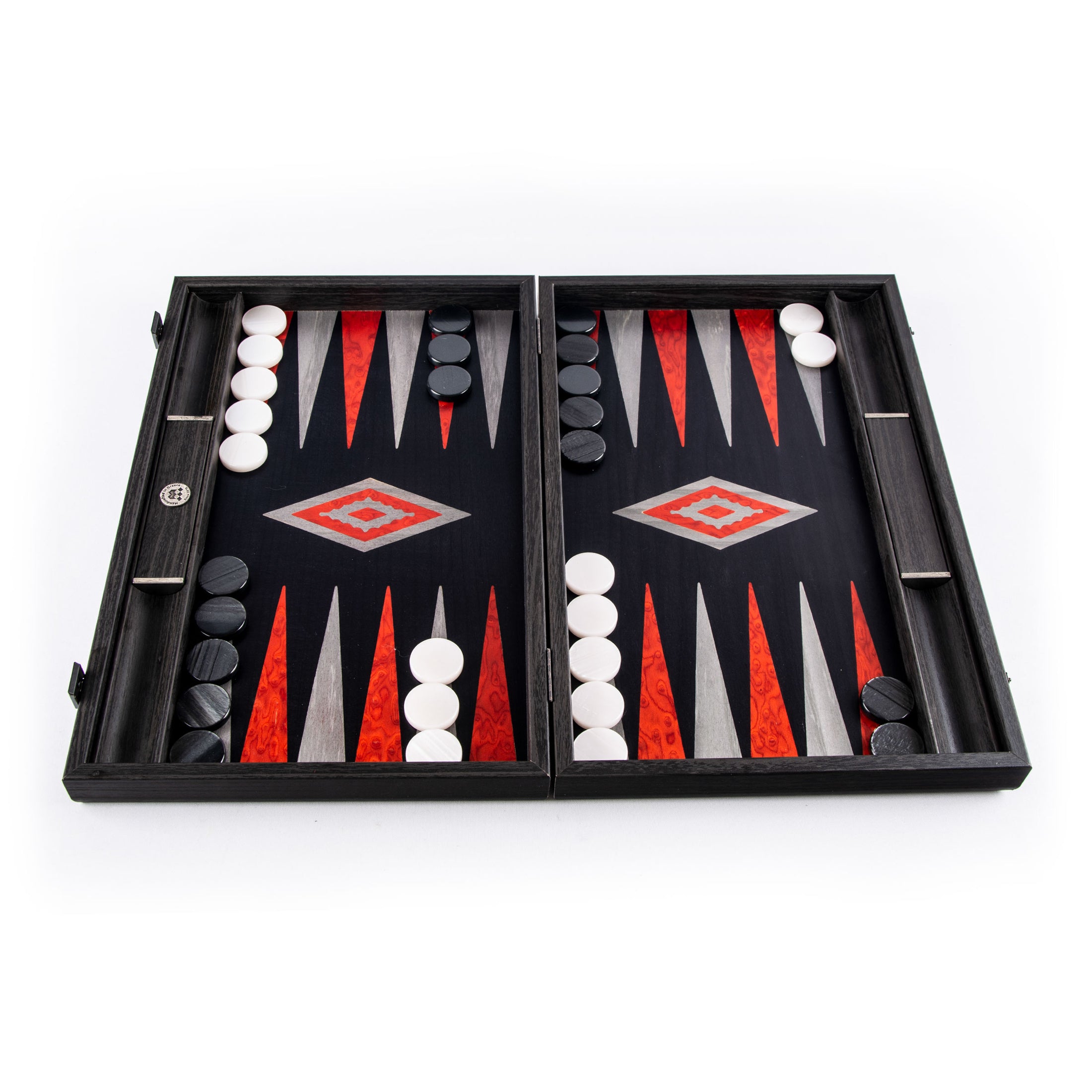 Handmade Black Oak with Silver Stripes Inlaid Backgammon with Red Burl - Grey points with Side racks