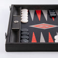 تحميل الصورة إلى عارض المعرض، Handmade Black Oak with Silver Stripes Inlaid Backgammon with Red Burl - Grey points with Side racks
