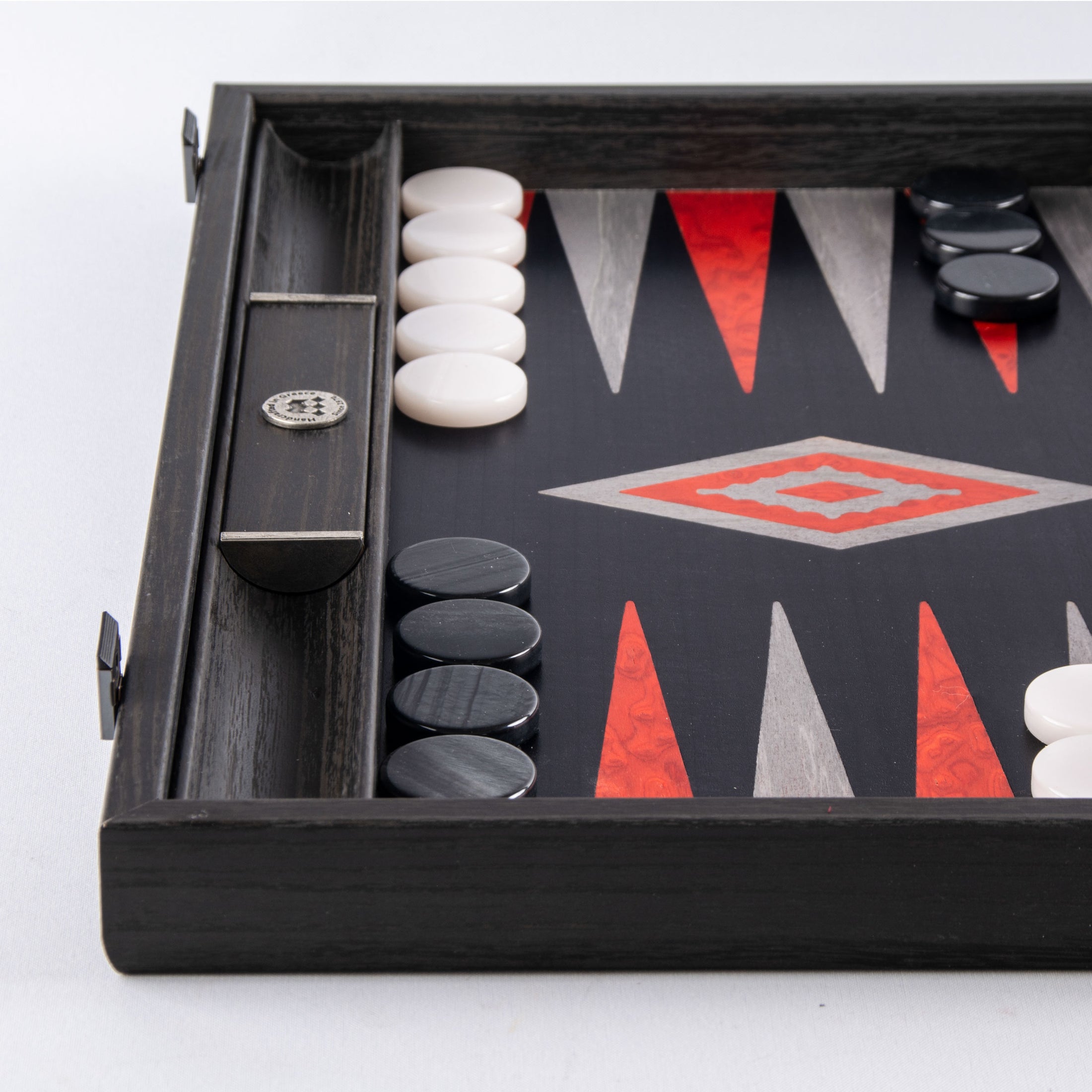 Handmade Black Oak with Silver Stripes Inlaid Backgammon with Red Burl - Grey points with Side racks