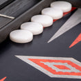 تحميل الصورة إلى عارض المعرض، Handmade Black Oak with Silver Stripes Inlaid Backgammon with Red Burl - Grey points with Side racks
