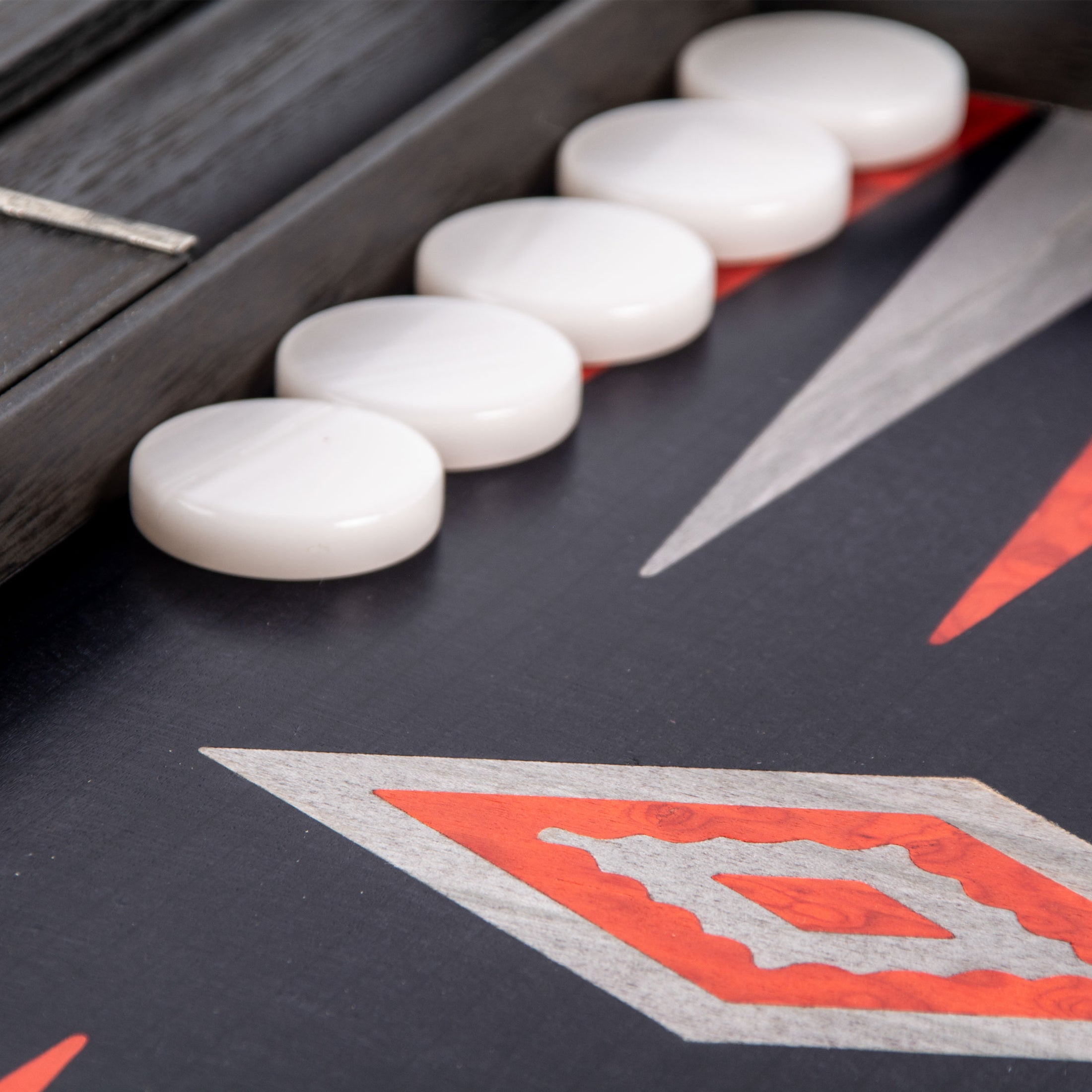 Handmade Black Oak with Silver Stripes Inlaid Backgammon with Red Burl - Grey points with Side racks