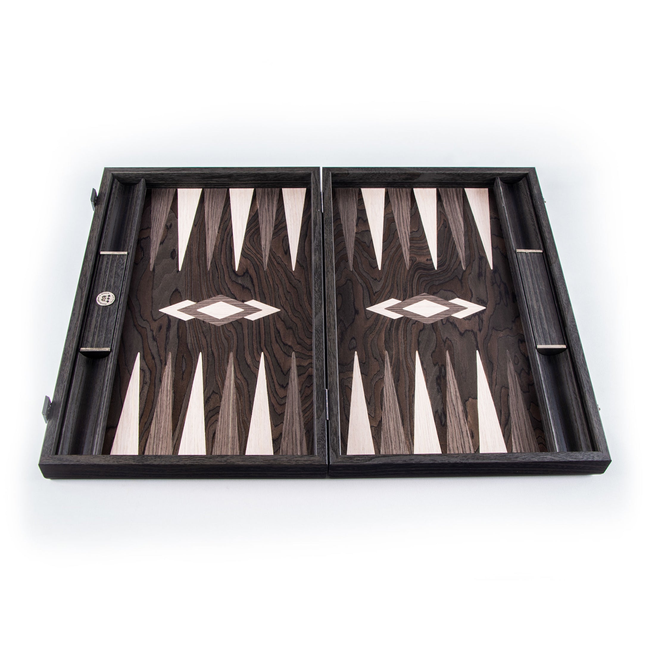 MANOPOULOS Handmade Ebony Burl Inlaid Backgammon with Grey & Oak points with Side racks 48x30cm
