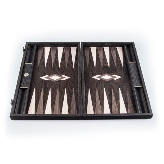 MANOPOULOS Handmade Ebony Burl Inlaid Backgammon with Grey & Oak points with Side racks 48x30cm