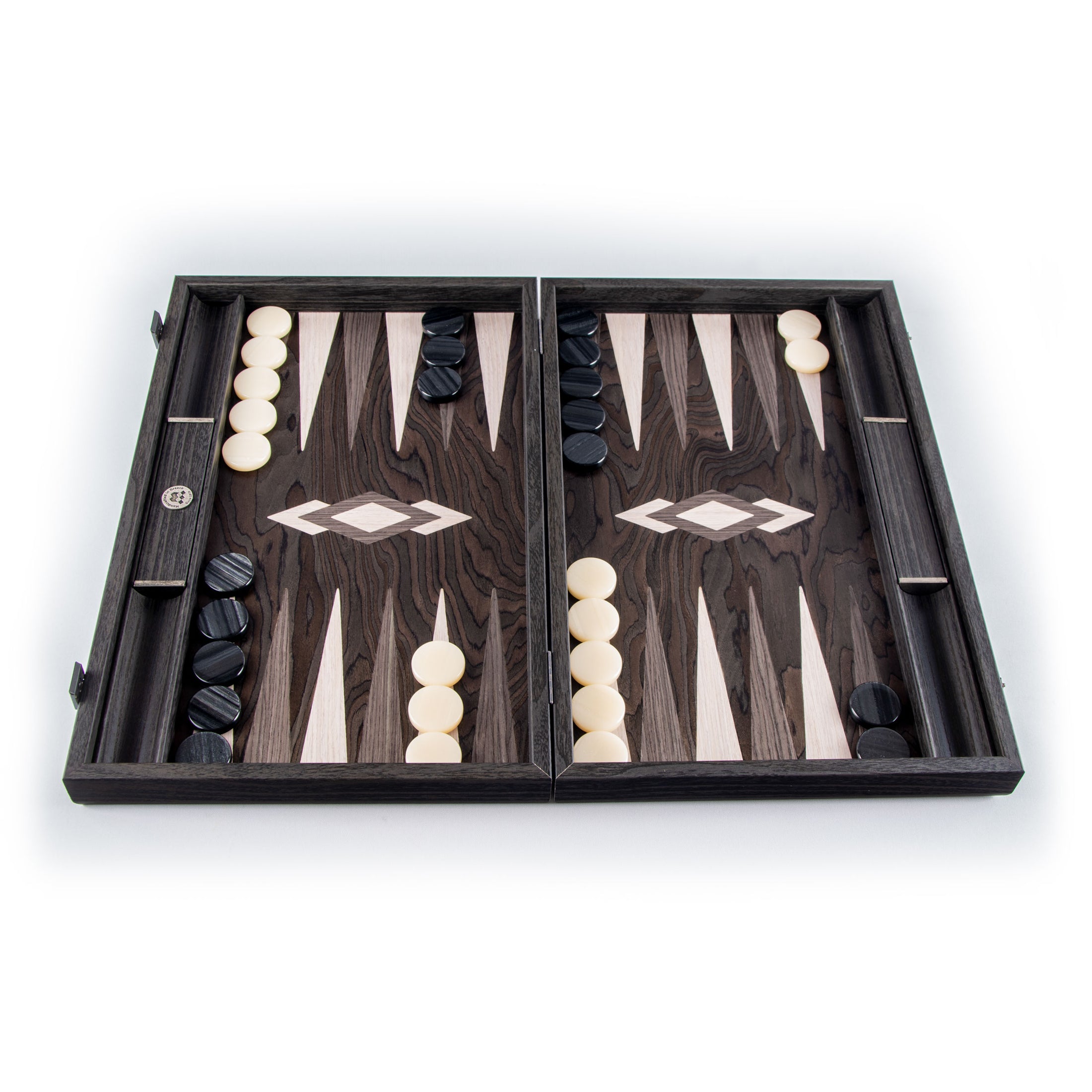 MANOPOULOS Handmade Ebony Burl Inlaid Backgammon with Grey & Oak points with Side racks 48x30cm