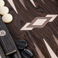 Load image into Gallery viewer, MANOPOULOS Handmade Ebony Burl Inlaid Backgammon with Grey & Oak points with Side racks 48x30cm
