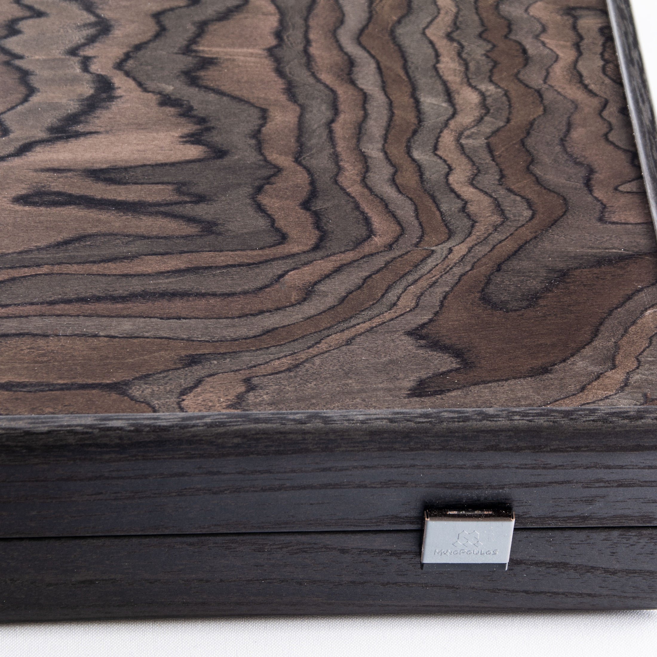 MANOPOULOS Handmade Ebony Burl Inlaid Backgammon with Grey & Oak points with Side racks 48x30cm
