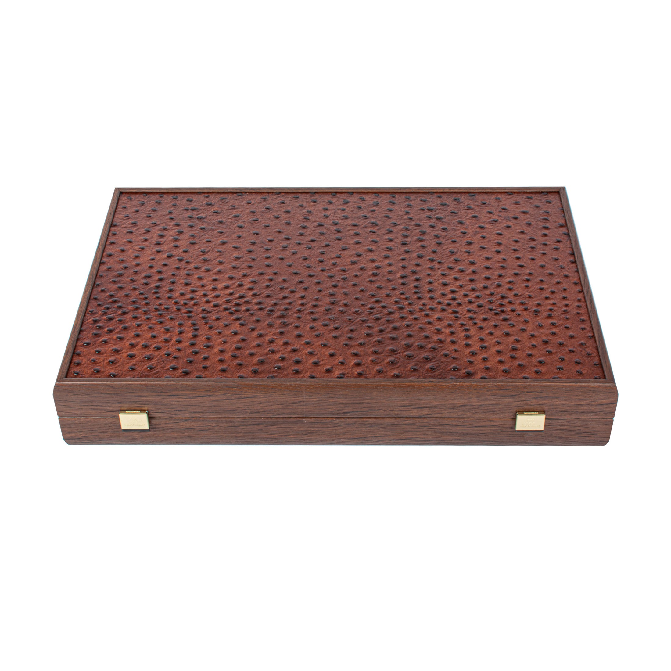 MANOPOULOS Handmade Ostrich Tote in Brown Leather Inlaid Leather Backgammon with Side racks 48x30cm