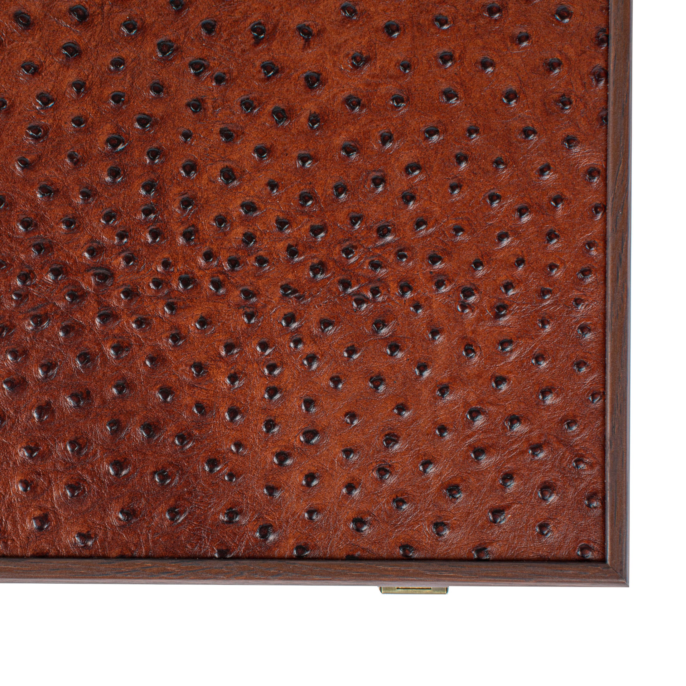 Handmade Ostrich Tote in Brown Leather Inlaid Leather Backgammon with Side racks 48x30cm