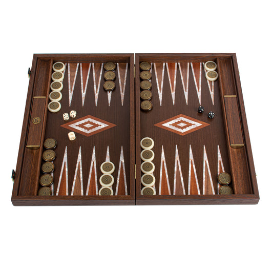 MANOPOULOS Handmade Natural Burl Inlaid Backgammon with Inlaid Pearl Elements points with Side racks 48x30cm