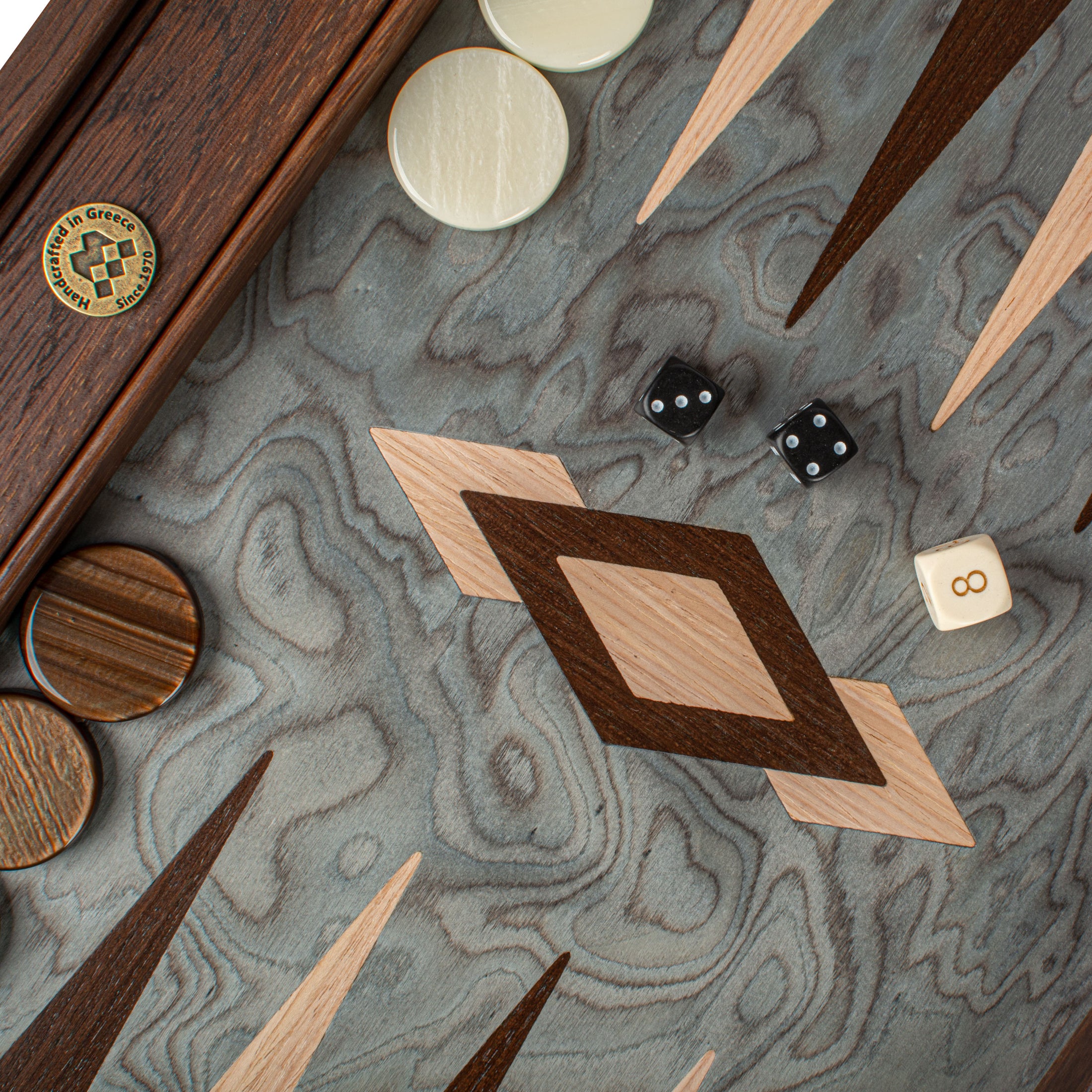 Handmade Pearly Grey Vavona Inlaid Backgammon with Oak - Wenge points with Sideracks 48x30cm
