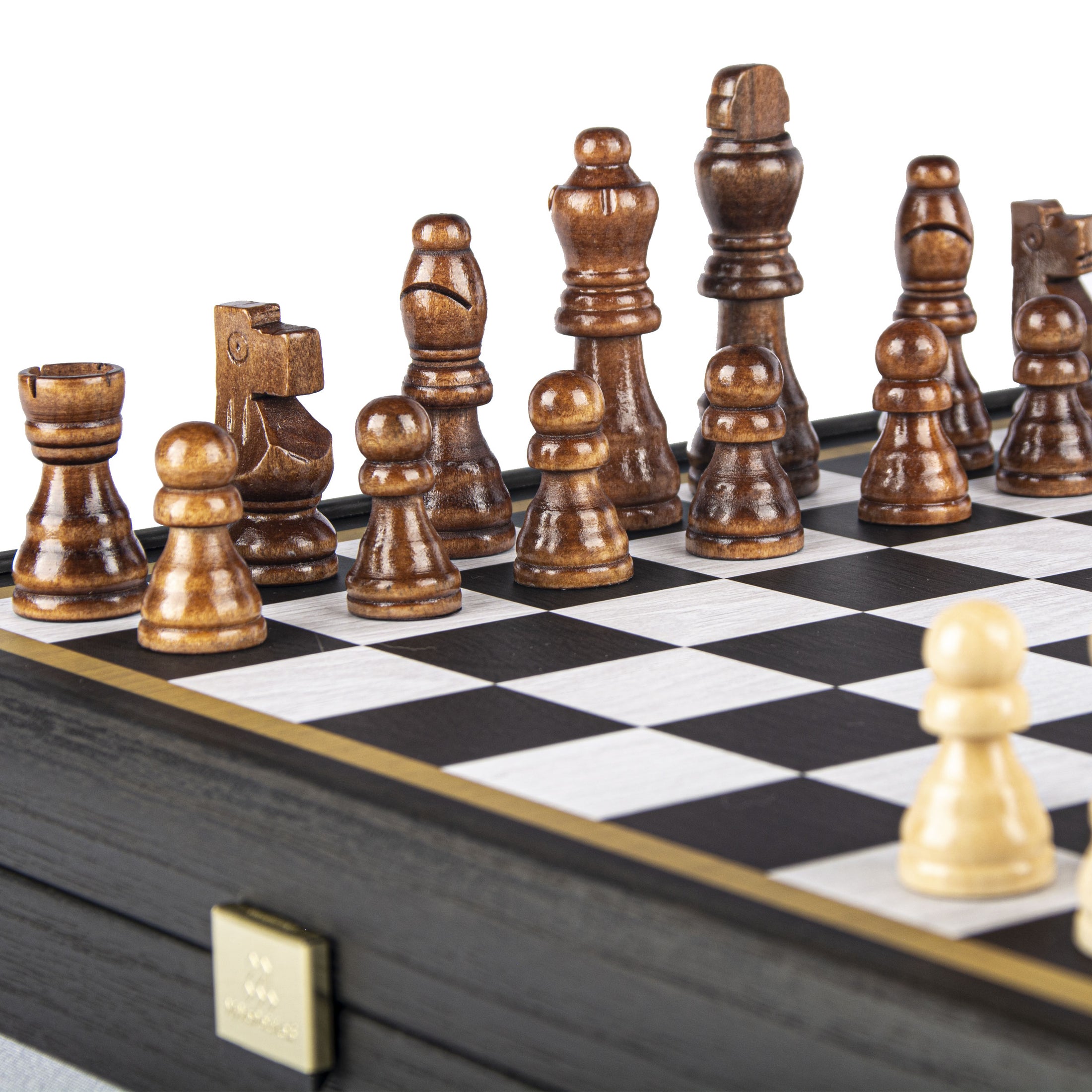 مانوبولوس شطرنج/طاولة زهر/لودو/ثعابين - أسود وعاجي - علبة خشبية من خشب الجوز