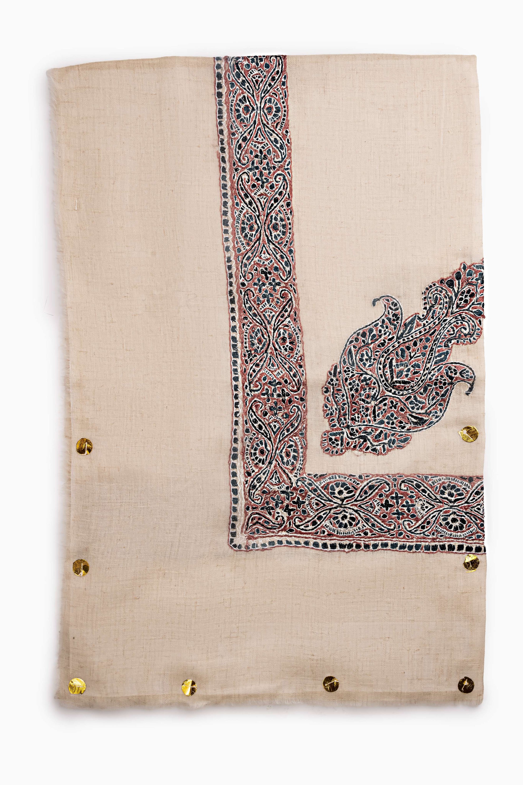 Pashmina Mens Shawl-Beige with red Embroidery