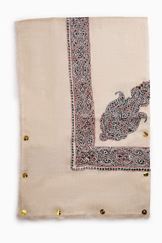 Pashmina Mens Shawl-Beige with red Embroidery