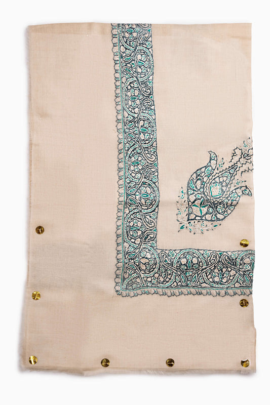 Pashmina Mens Shawl- beige with green Embroidery