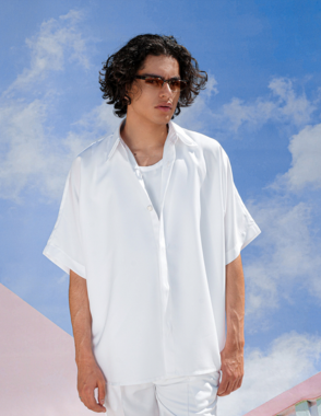 Satin-Feel Viscose or Lightweight Silk Blend Shirt Plain White Size- L