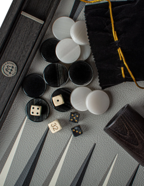 Handmade Trilogy of Grey Inlaid Leatherette Backgammon with Sideracks 48x30cm