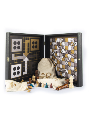MANOPOULOS Chess-Backgammon-Ludo-Snakes - Black - Ivory - Walnut replica wooden case set