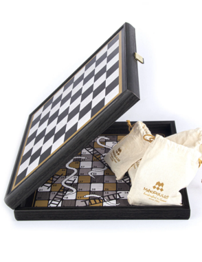 Chess-Backgammon-Ludo-Snakes - Black - Ivory - Walnut replica wooden case