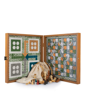 Chess-Backgammon-Ludo-Snakes - Retro Design- Walnut replica wooden case