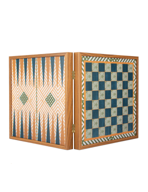 Chess-Backgammon-Ludo-Snakes - Retro Design- Walnut replica wooden case