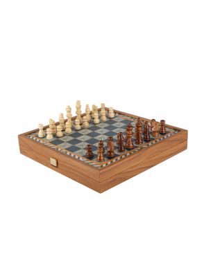 Chess-Backgammon-Ludo-Snakes - Retro Design- Walnut replica wooden case