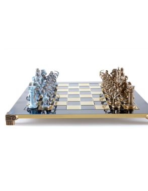 Archers Metal Chess set with Bronze - Blue Chessmen - 44cm Chessboard in Blue