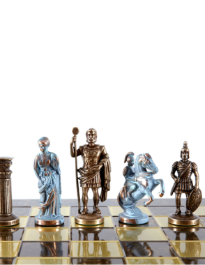 Archers Metal Chess set with Bronze - Blue Chessmen - 44cm Chessboard in Brown