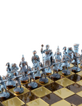 Load image into Gallery viewer, Archers Metal Chess set with Bronze - Blue Chessmen - 44cm Chessboard in Brown
