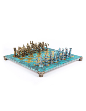 MANOPOULOS Archers Metal Chess set with Bronze - Blue Chessmen - 44cm Chessboard in Antique Turquoise Patina