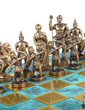 MANOPOULOS Archers Metal Chess set with Bronze - Blue Chessmen - 44cm Chessboard in Antique Turquoise Patina