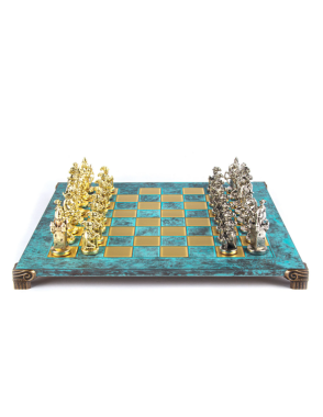 Medieval Knights Metal Chess set with Gold - Silver Chessmen - 44cm Chessboardn in Antique Turquoise