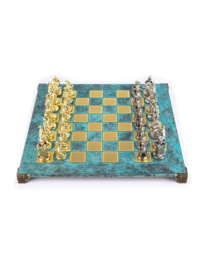 MANOPOULOS Medieval Knights Metal Chess set with Gold - Silver Chessmen - 44cm Chessboardn in Antique Turquoise