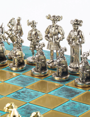 MANOPOULOS Medieval Knights Metal Chess set with Gold - Silver Chessmen - 44cm Chessboardn in Antique Turquoise