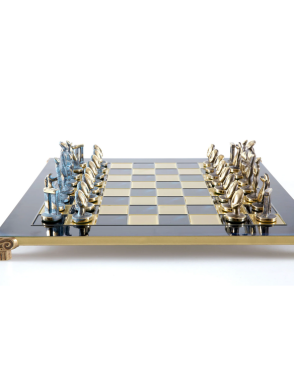 Cycladic Art Metal Chess set with Bronze - ?lue Chessmen from Solid Brass - 44cm Chessboard in Blue