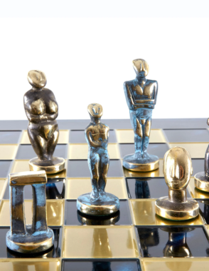 MANOPOULOS Cycladic Art Metal Chess set with Bronze - ?lue Chessmen from Solid Brass - 44cm Chessboard in Blue