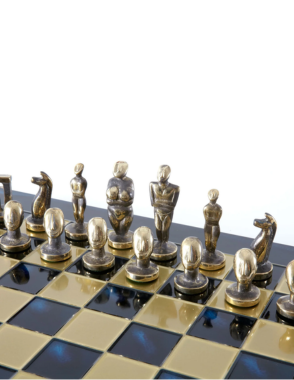 MANOPOULOS Cycladic Art Metal Chess set with Bronze - ?lue Chessmen from Solid Brass - 44cm Chessboard in Blue