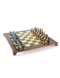 Load image into Gallery viewer, MANOPOULOS Cycladic Art Metal Chess set with Bronze - ?lue Chessmen from Solid Brass - 44cm Chessboard in Brown
