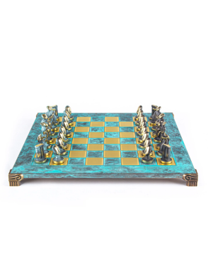 MANOPOULOS Cycladic Art Metal Chess set with Bronze - ?lue Chessmen from Solid Brass - 44cm Chessboard in Antiq