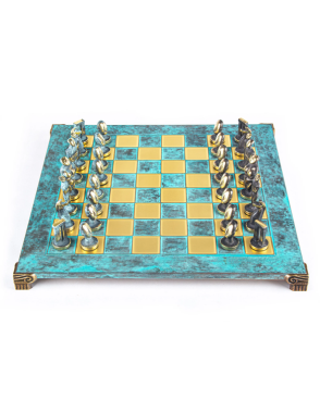 MANOPOULOS Cycladic Art Metal Chess set with Bronze - ?lue Chessmen from Solid Brass - 44cm Chessboard in Antiq