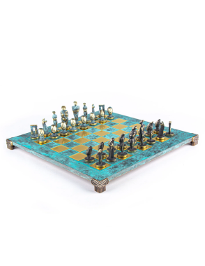 MANOPOULOS Cycladic Art Metal Chess set with Bronze - ?lue Chessmen from Solid Brass - 44cm Chessboard in Antiq