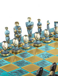 Load image into Gallery viewer, MANOPOULOS Cycladic Art Metal Chess set with Bronze - ?lue Chessmen from Solid Brass - 44cm Chessboard in Antiq
