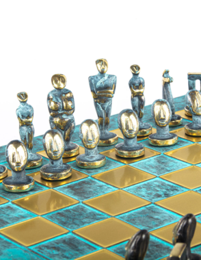 MANOPOULOS Cycladic Art Metal Chess set with Bronze - ?lue Chessmen from Solid Brass - 44cm Chessboard in Antiq